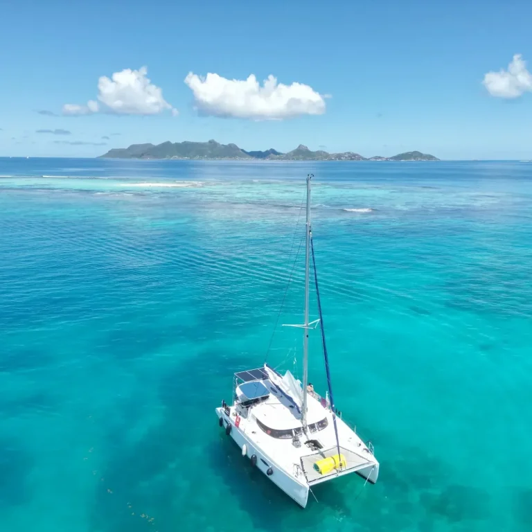 Un catamaran flotte sur des eaux turquoise, avec des îles au loin sous un ciel dégagé.