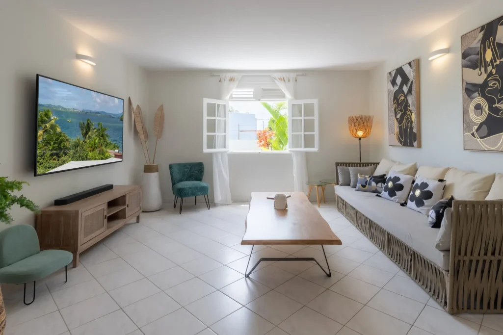 Salon lumineux avec canapé, table basse, télévision et fenêtres ouvertes sur la nature.